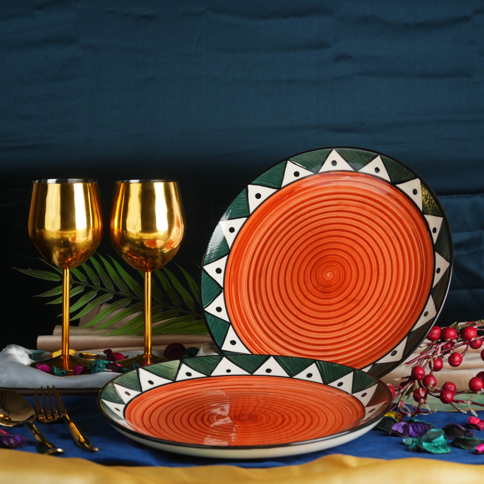 Caffeine Ceramic Handmade Stoneware Green Trible Dinner Plate 10 inch Set of 2 - Caffeine Premium Stoneware