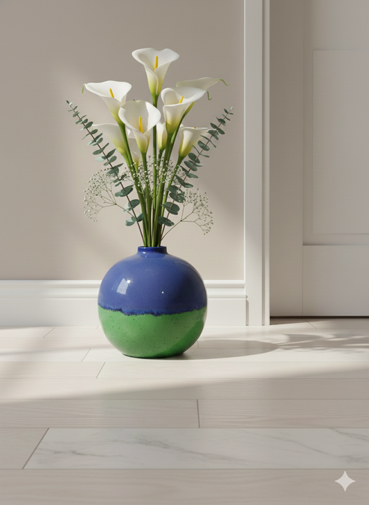 Blue and green vase with white flowers on a light wooden floor.