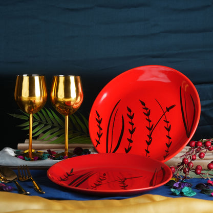 Caffeine Ceramic Handmade Stoneware Red Bomboo Dinner Plate set of 4 - Caffeine Premium Stoneware