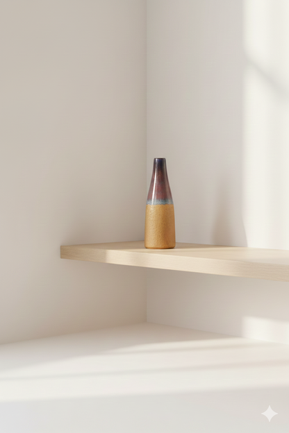 Vase on a wooden shelf against a light wall with soft shadows