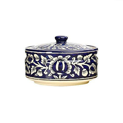 Caffeine Ceramic Handmade Blue Mughal Serving Donga Casserole with lid (set of 1, Large )