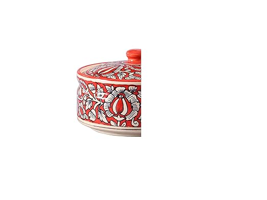 Caffeine Ceramic Handmade Red Mughal Serving Casserole (Set of 1, Medium)