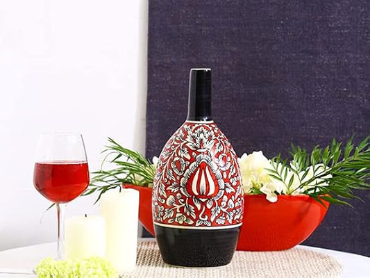 Caffeine Ceramic Handmade Black and Red Mughal Oval Shape Vase (1 Pc)