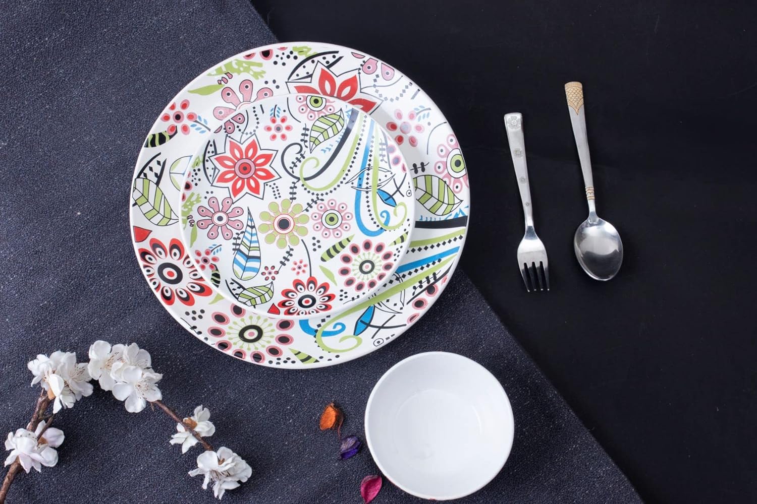Caffeine Ceramic Handmade Multicolour Flower Design Combo Dinner Set 8 - Caffeine Premium Stoneware
