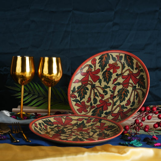 Caffeine Ceramic Handmade Stoneware Orange Flora Dinner Plates10 inch Set of 2 - Caffeine Premium Stoneware