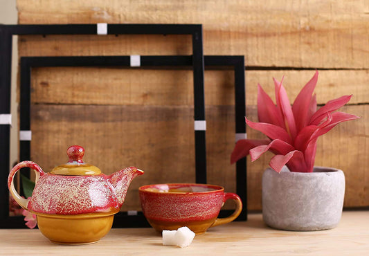 Caffeine Ceramic Handmade Pink Studio 2 in1 Tea pot (Set of 1, Single Kettle with Cup)