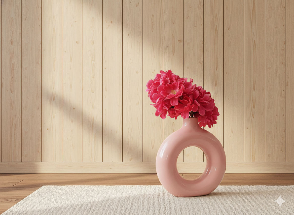 Pink vase with red flowers on a wooden floor with a wooden wall background