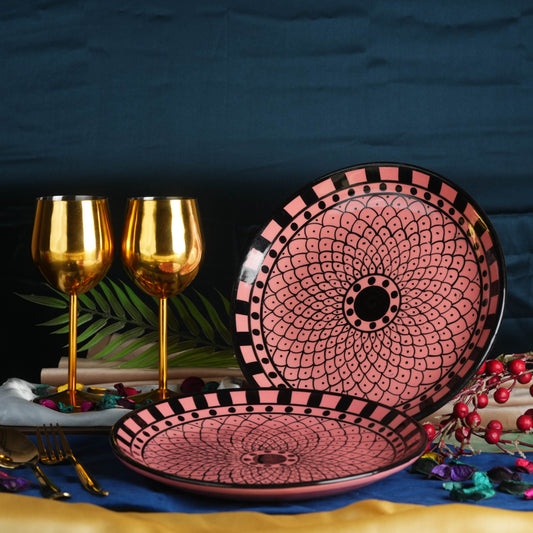 Caffeine Ceramic Handmade Pink Flower Printed Dinner Plate 10" inch(Set of 2) - Caffeine Premium Stoneware