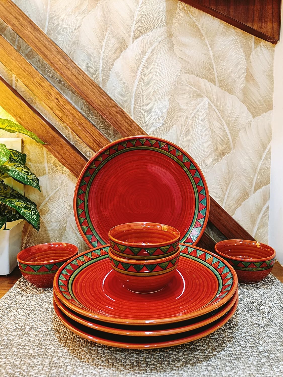 Caffeine Ceramic Stoneware Handmade Red & Green Tribal Combo Dinner Set of 8 - Caffeine Premium Stoneware