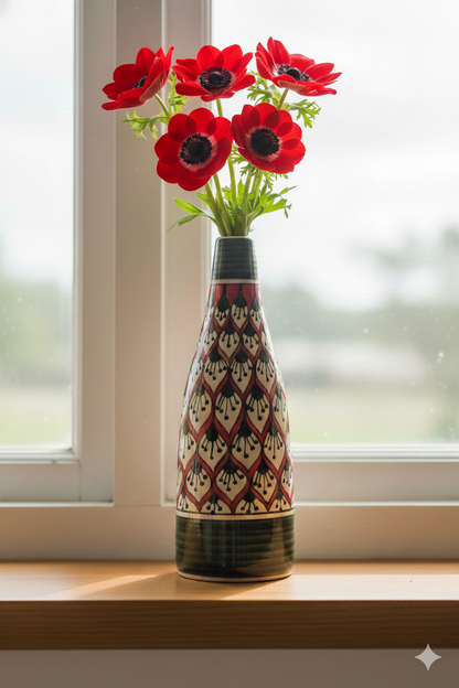 Decorative vase with a geometric pattern holding red flowers on a windowsill.