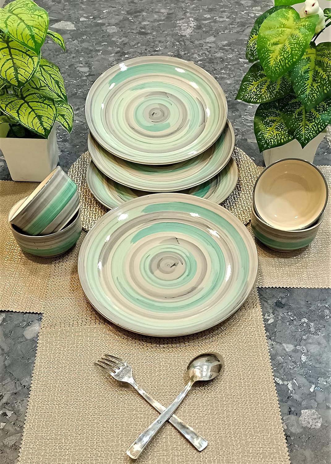 Caffeine Ceramic Handmade Sea Green & Grey Combo Dinner Set (Set of 8) - Caffeine Premium Stoneware