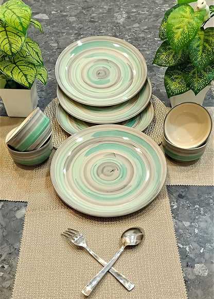 Caffeine Ceramic Handmade Sea Green & Grey Combo Dinner Set (Set of 8) - Caffeine Premium Stoneware