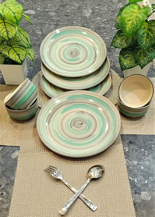 Caffeine Ceramic Handmade Sea Green & Grey Combo Dinner Set (Set of 8) - Caffeine Premium Stoneware