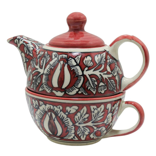 Caffeine Ceramic Handmade Red Mughal 2 in 1 Tea Pot (Set of 1)