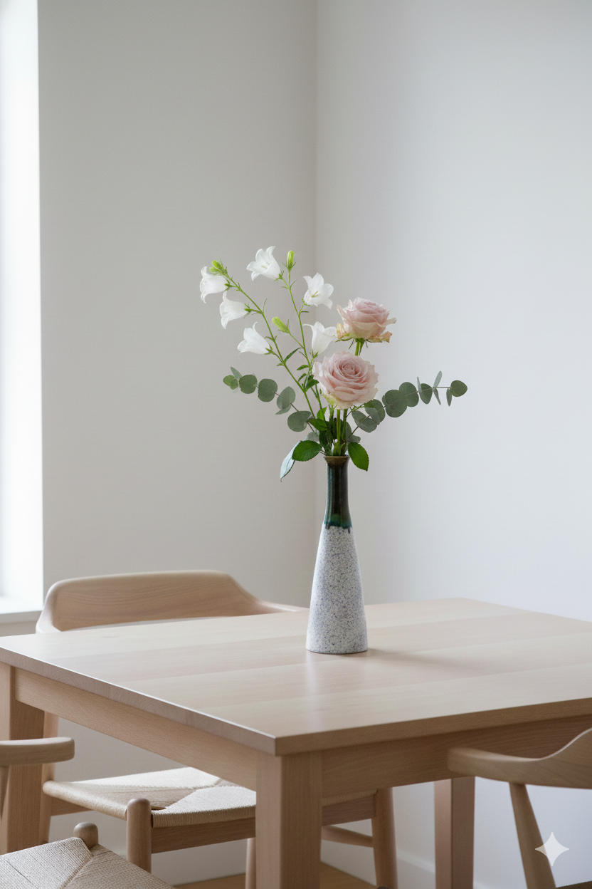 Floral arrangement in a vase on a wooden table with a neutral background