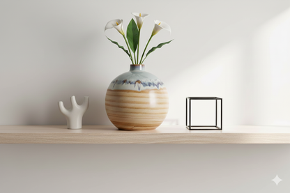 Decorative vase with flowers on a shelf against a light background