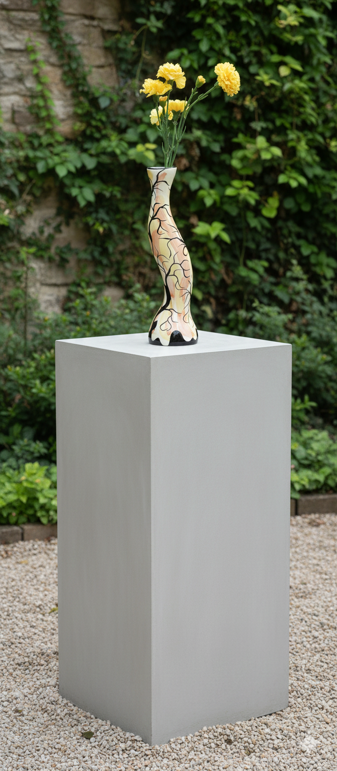 Decorative vase with yellow flowers on a gray pedestal against a green foliage background
