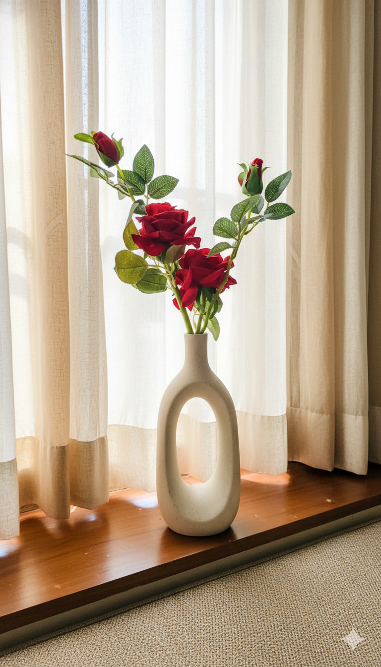 Decorative vase with red flowers on a wooden surface in front of sheer curtains