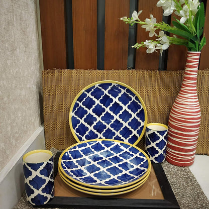 Caffeine Ceramic Handmade Blue Umrao Combo Dinner Set (10 pcs.)