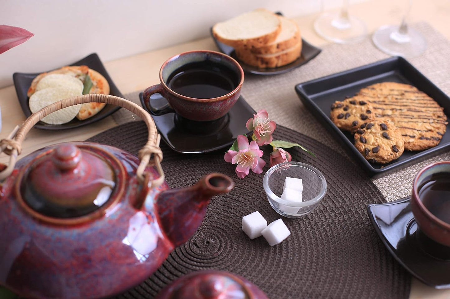 Caffeine Ceramic Handmade Stoneware Plum Ferrous Printed Tea Set of 15 - Caffeine Premium Stoneware