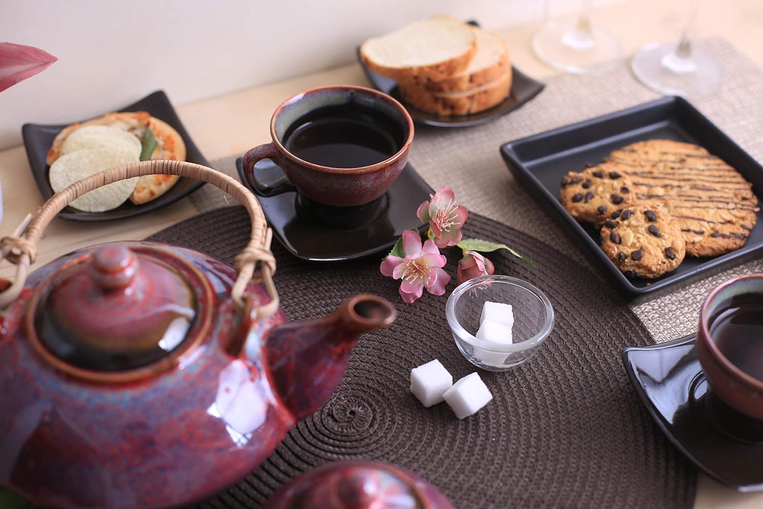 Caffeine Ceramic Handmade Stoneware Plum Ferrous Printed Tea Set of 15 - Caffeine Premium Stoneware