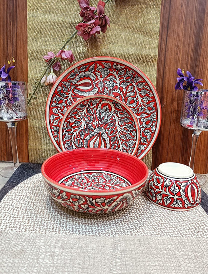 Caffeine Ceramic Handmade Red Mughal Combo Dinner Set (Set of 4pcs)