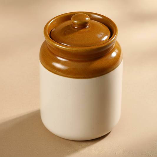 Ceramic jar with a brown lid on a beige background