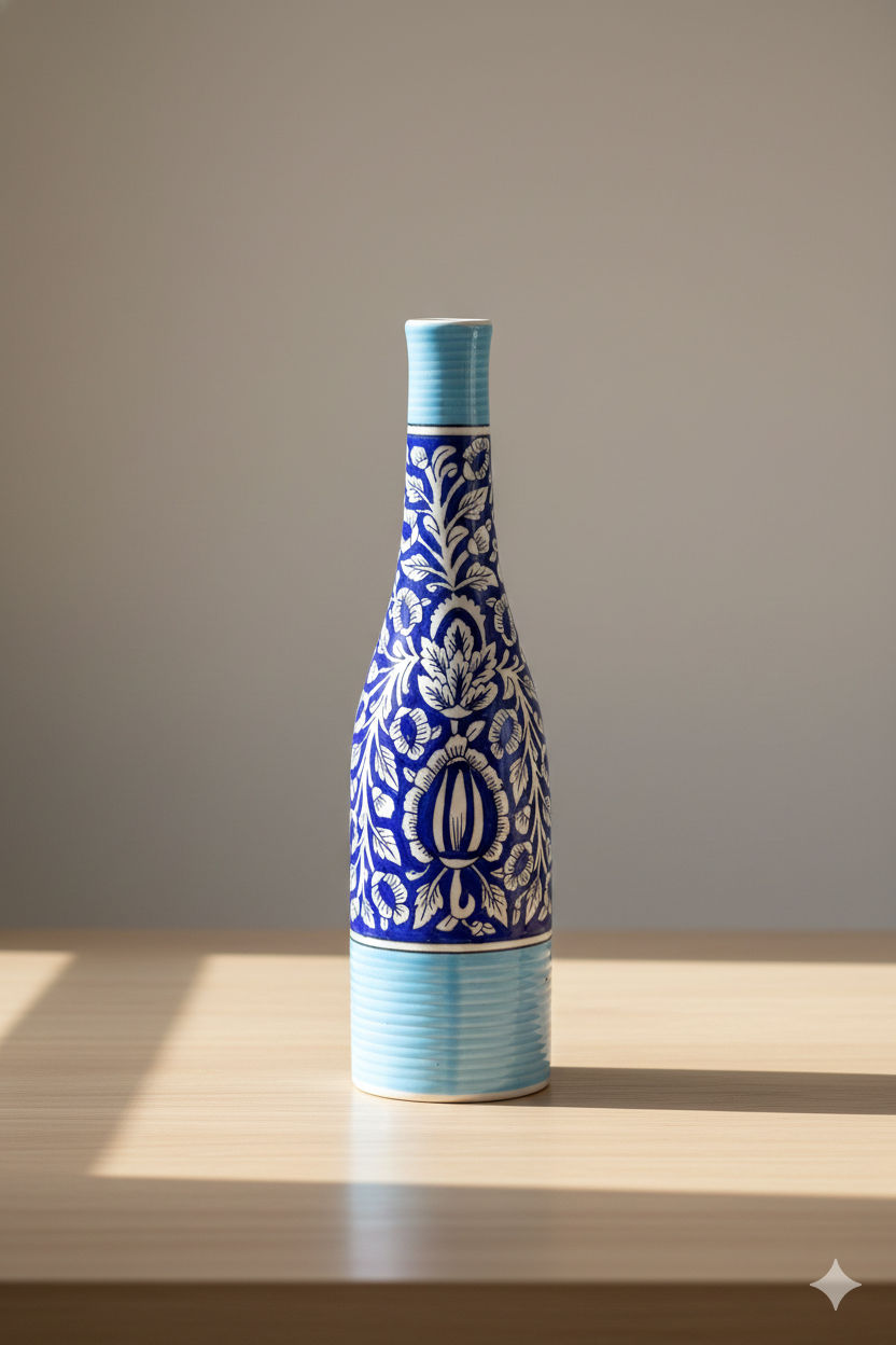 Decorative blue and white vase on a wooden surface with a neutral background