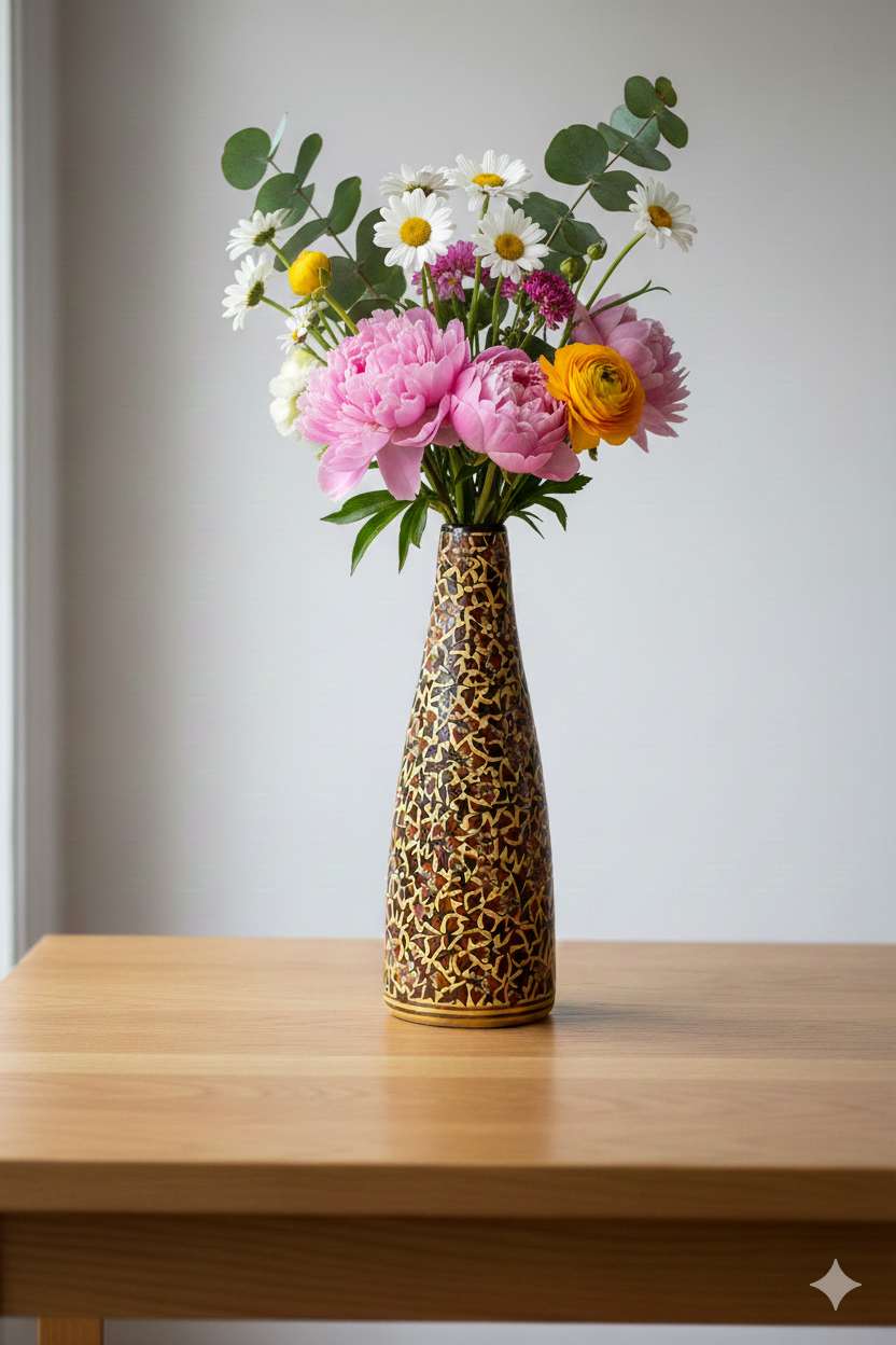 Vase with a leopard print pattern filled with colorful flowers on a wooden table.