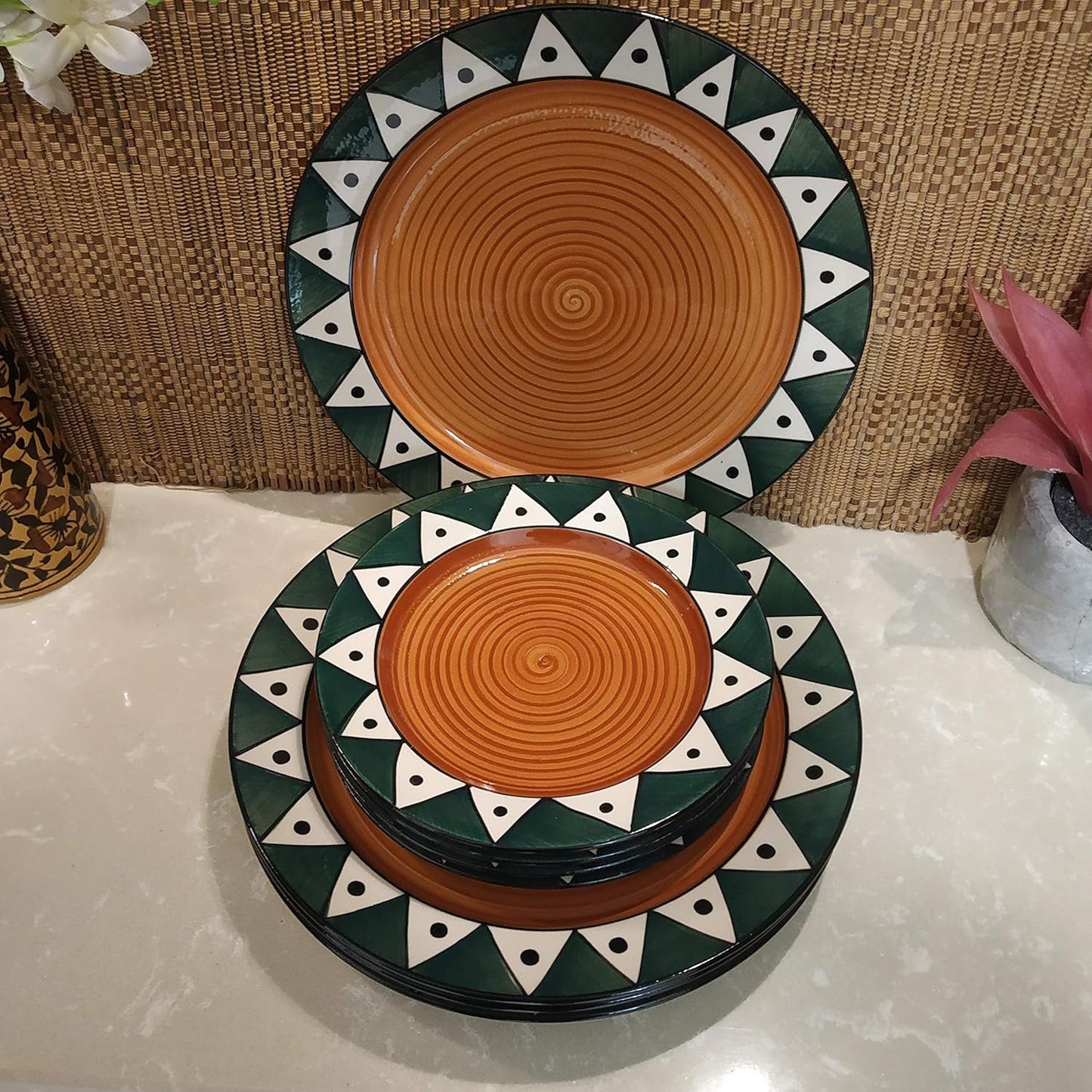 Caffeine Ceramic Handmade Green Soorya Combo Dinner Set (12 pcs.)
