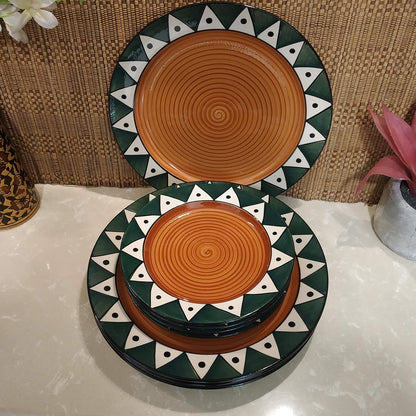 Caffeine Ceramic Handmade Green Soorya Combo Dinner Set (12 pcs.)
