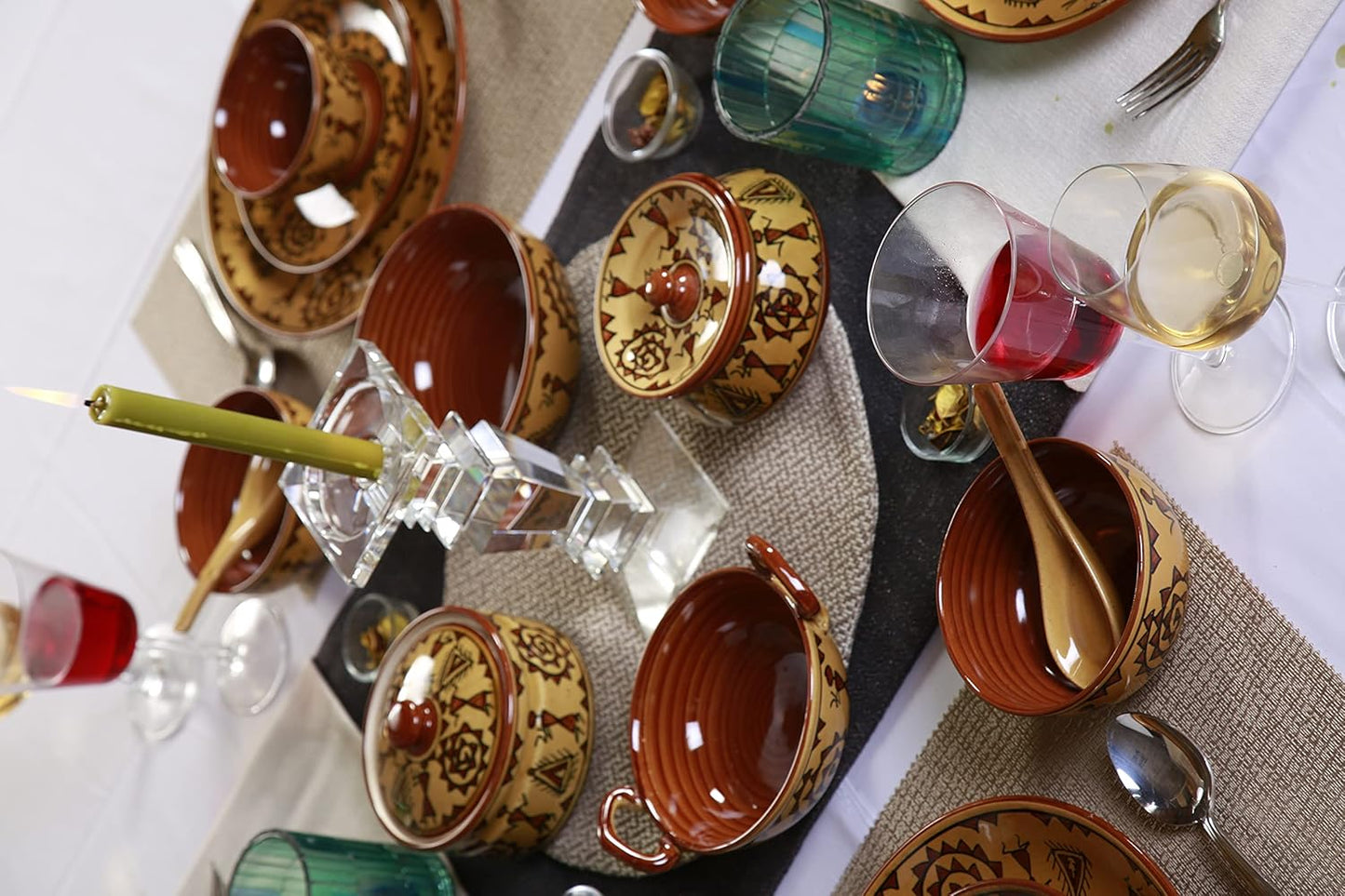 Caffeine Ceramic Handmade Mustard Romani Dinner Set (24 pcs.)