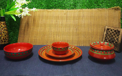 Caffeine Ceramic Handmade Red Green Tribal Combo Dinner Set (5 pcs.)