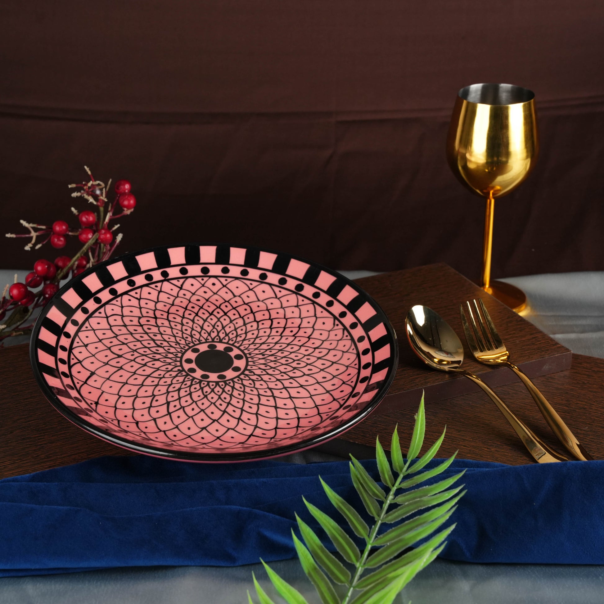 Caffeine Ceramic Handmade Pink Flower Printed Dinner Plate 10" inch(Set of 2) - Caffeine Premium Stoneware