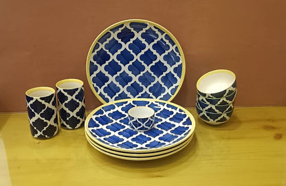 Caffeine Ceramic Handmade Blue Umrao Combo Dinner Set (Set of 11)