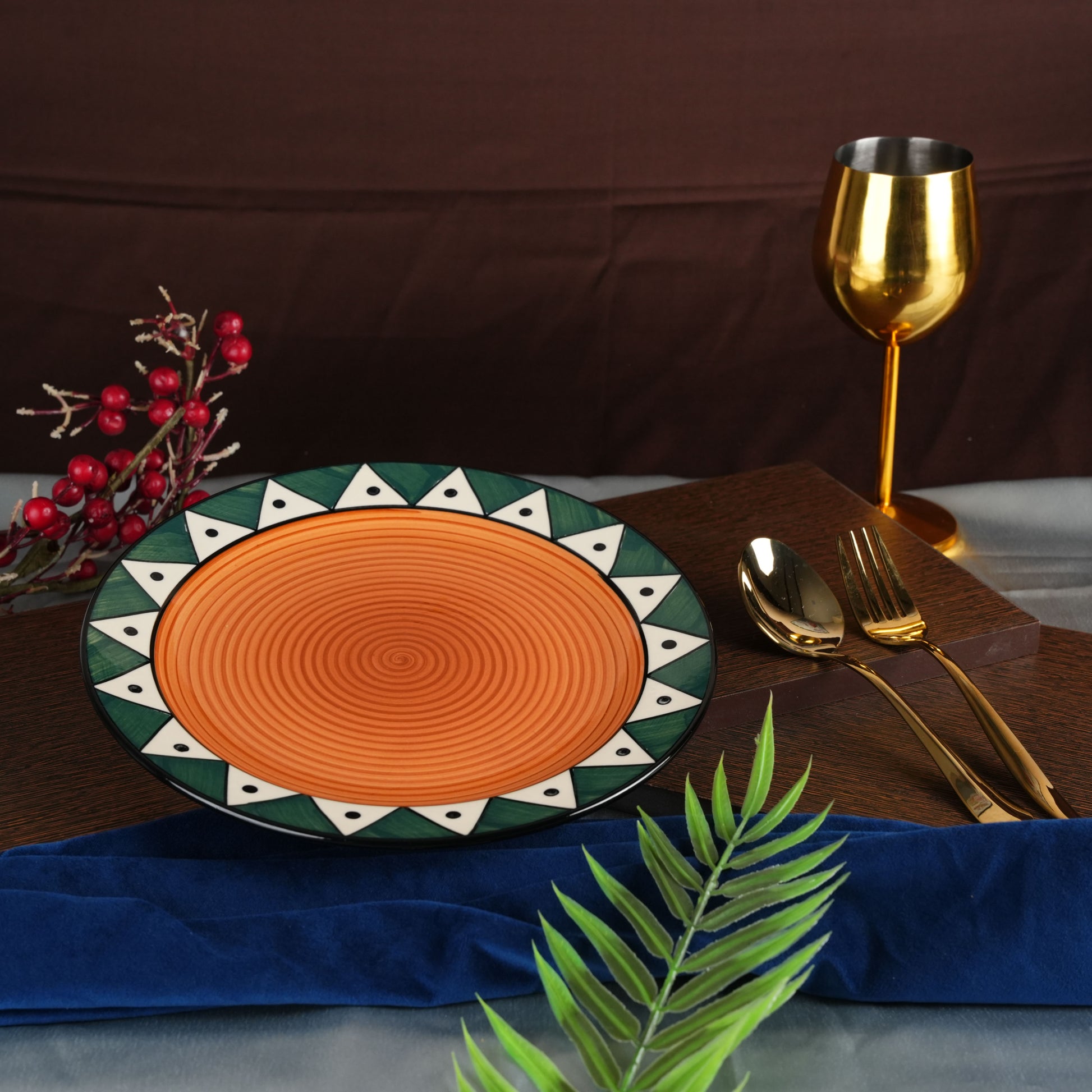 Caffeine Ceramic Handmade Stoneware Green Trible Dinner Plate 10 inch Set of 2 - Caffeine Premium Stoneware