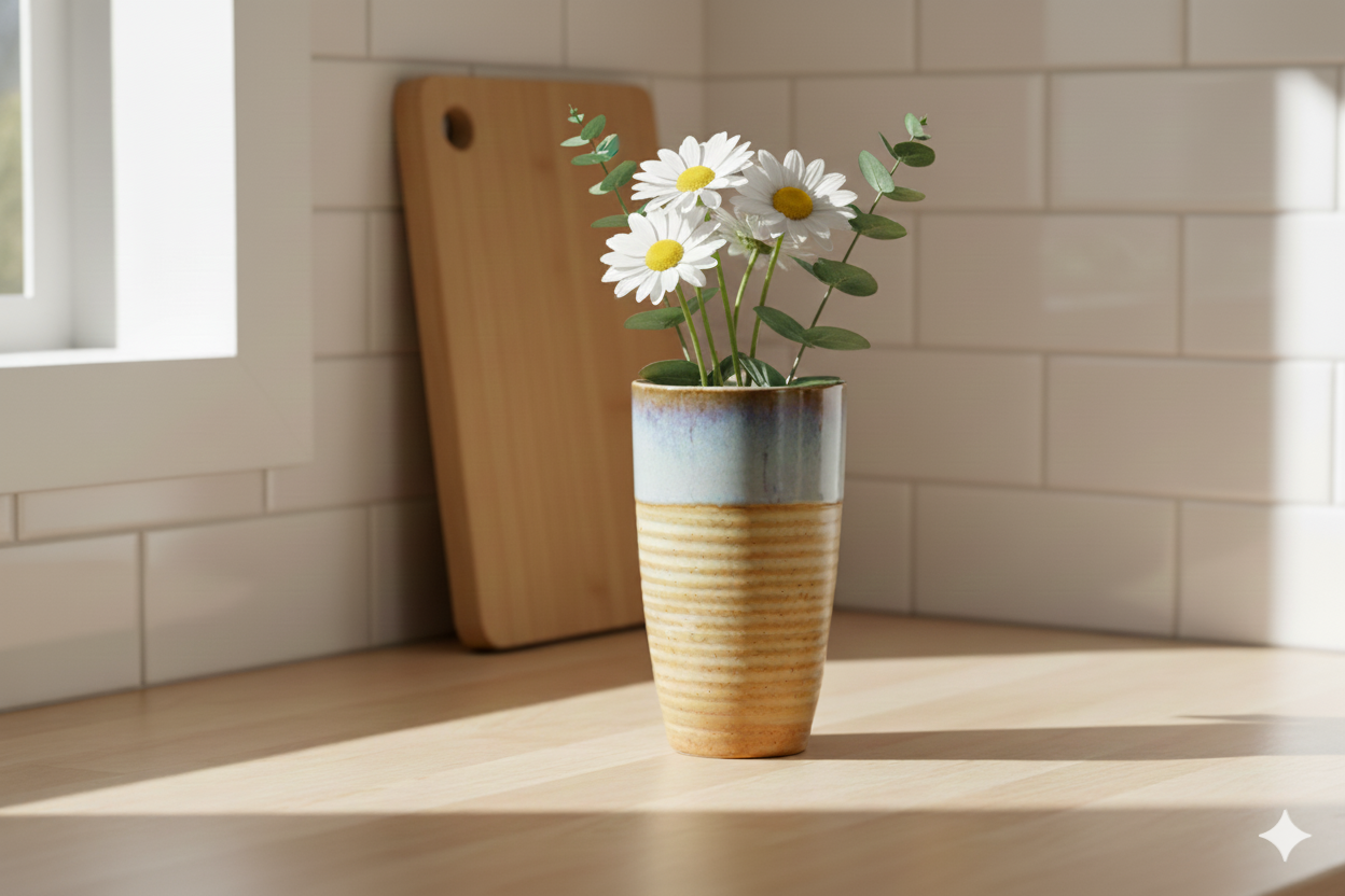 Vase with flowers on a kitchen counter next to a cutting board