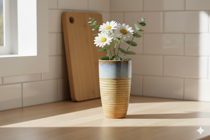 Vase with flowers on a kitchen counter next to a cutting board