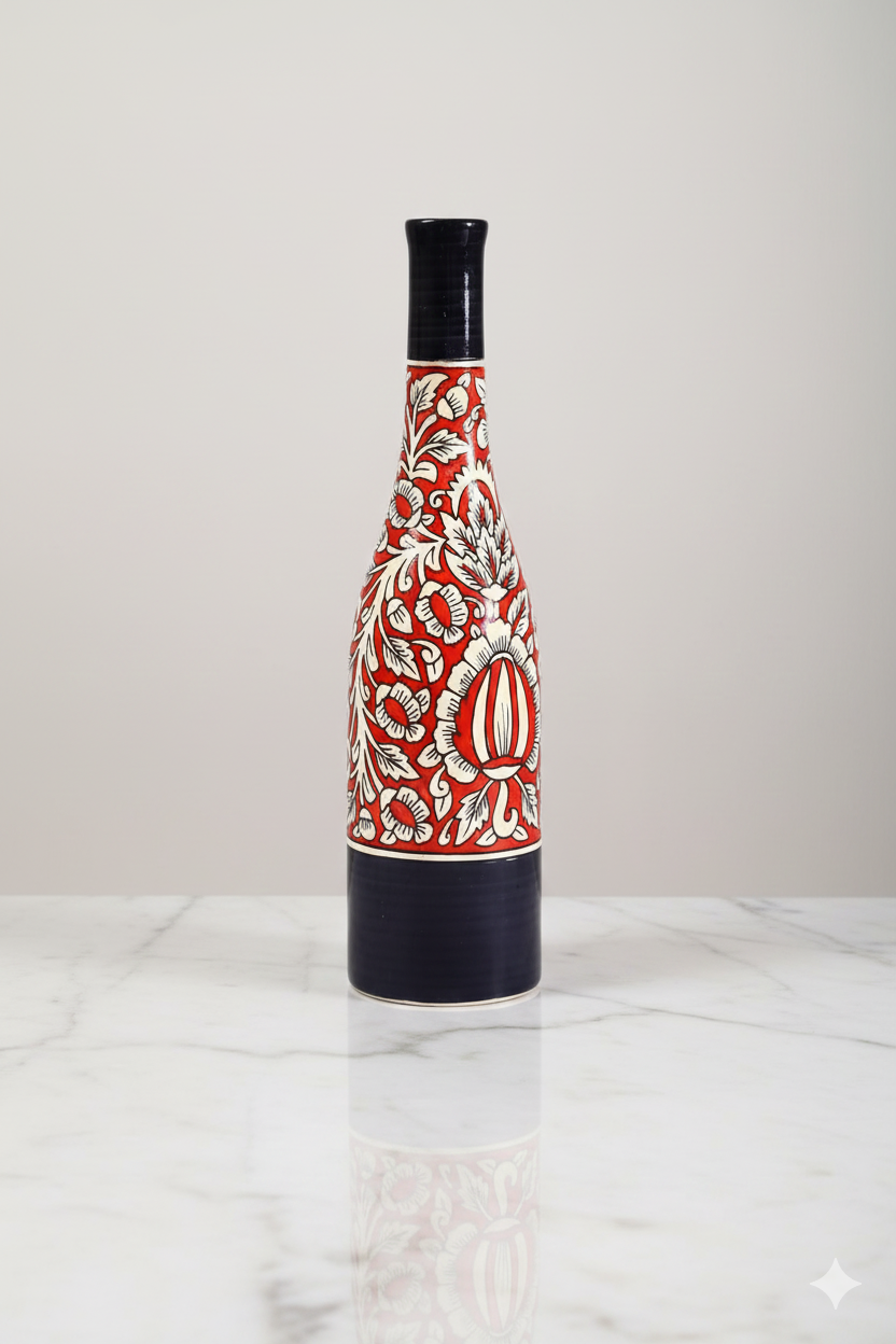 Decorative bottle with red and white pattern on a light background