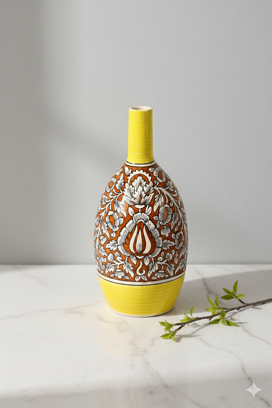 Decorative ceramic vase with yellow top and patterned body on a marble surface