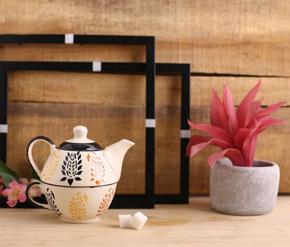 Caffeine Ceramic Handmade Blue boota 2 in1 Tea Pot (Set of 1, Single Kettle with Cup)