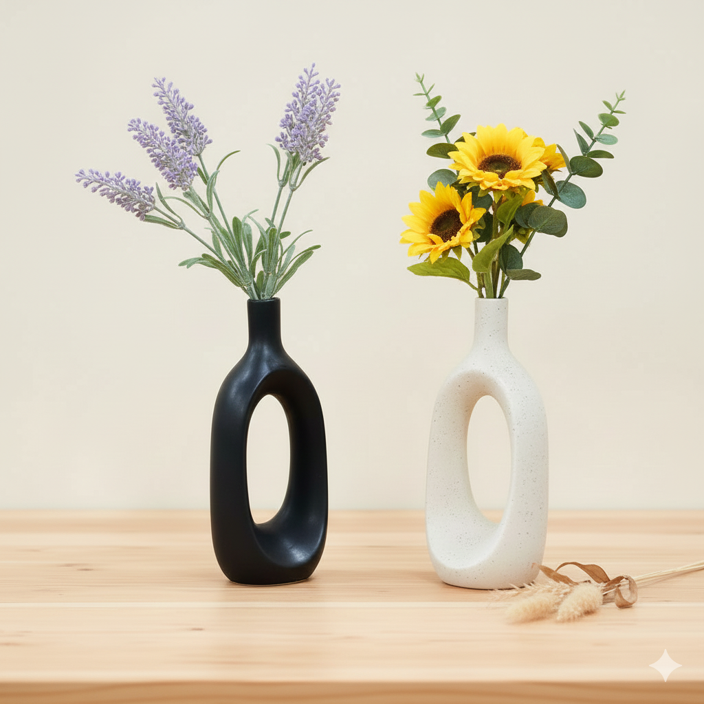 Two unique vases with floral arrangements on a wooden surface.