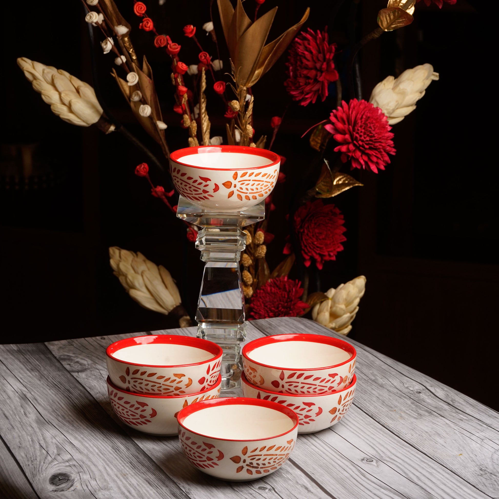 Caffeine Ceramic Handmade Red Boota Katori Bowl- Set of 6 - Caffeine Premium Stoneware