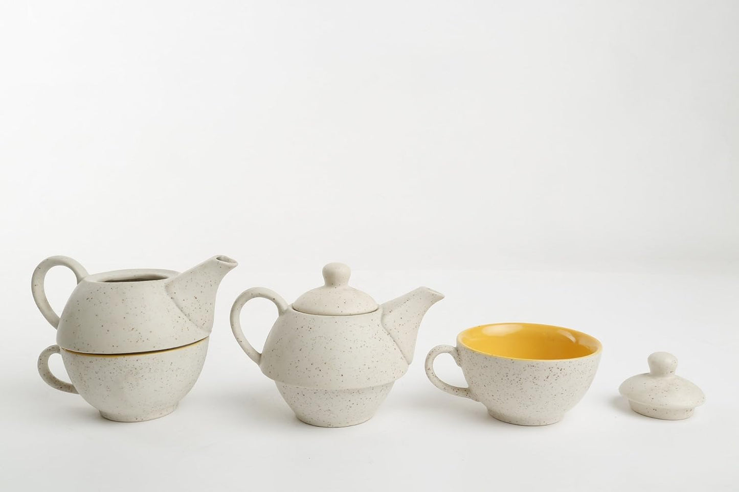 Caffeine Ceramic Handmade White Matte & Mustard 2 in1 Tea Pot (Set of 2, Kettle with Cup)
