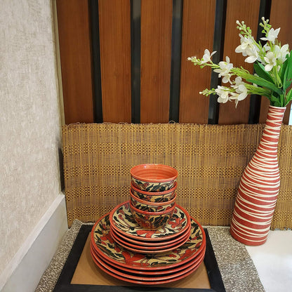 Caffeine Ceramic Handmade Rustic Flora Combo Dinner Set of 12 pcs.4 (Dinner Plate, 4 Quarter Plate, 4 Katori Bowl)