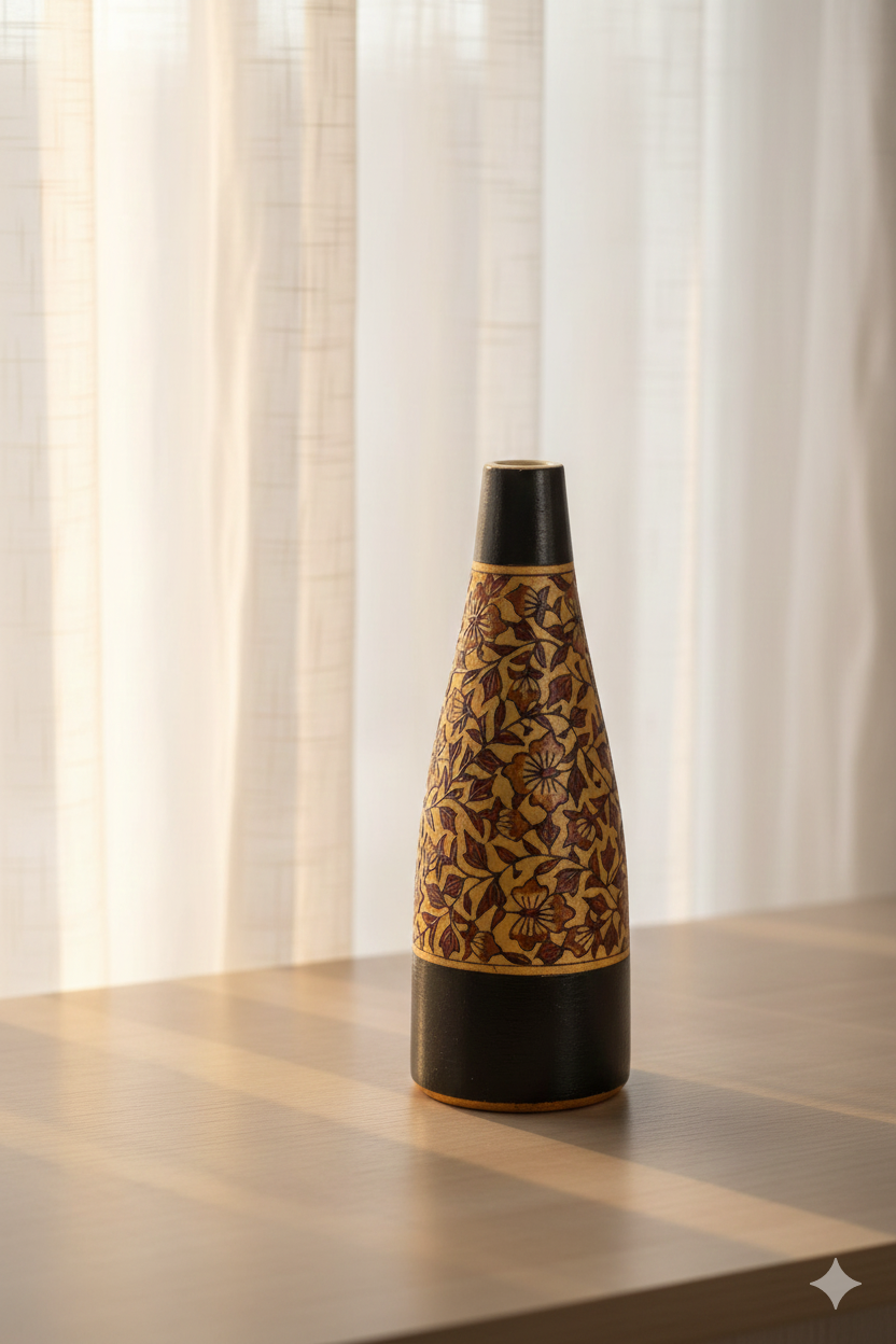 Decorative vase with intricate patterns on a wooden surface with light curtains in the background