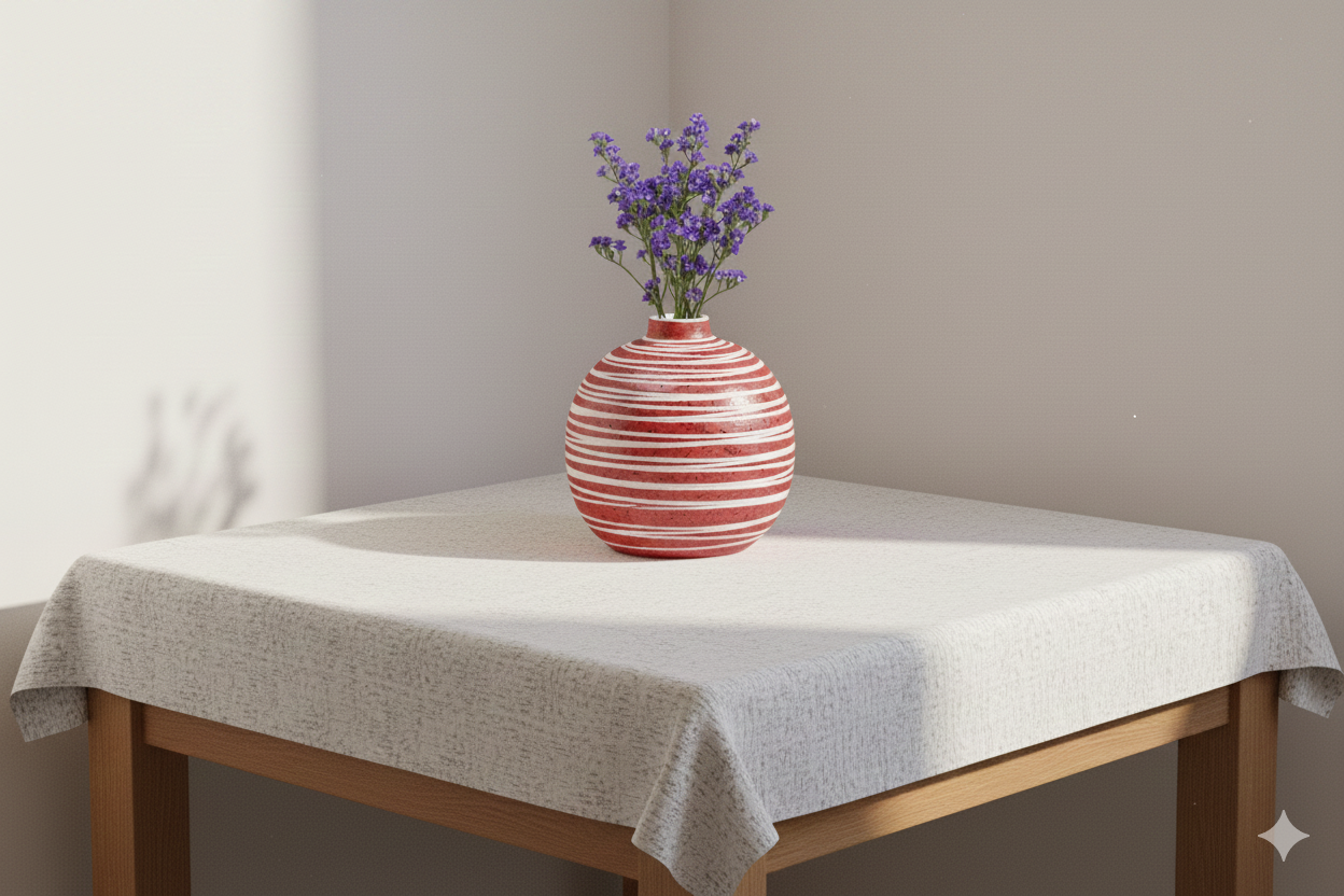 Red and white striped vase with purple flowers on a wooden table covered with a gray tablecloth.