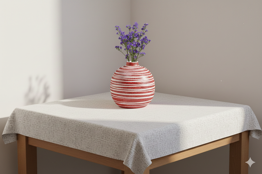 Red and white striped vase with purple flowers on a wooden table covered with a gray tablecloth.