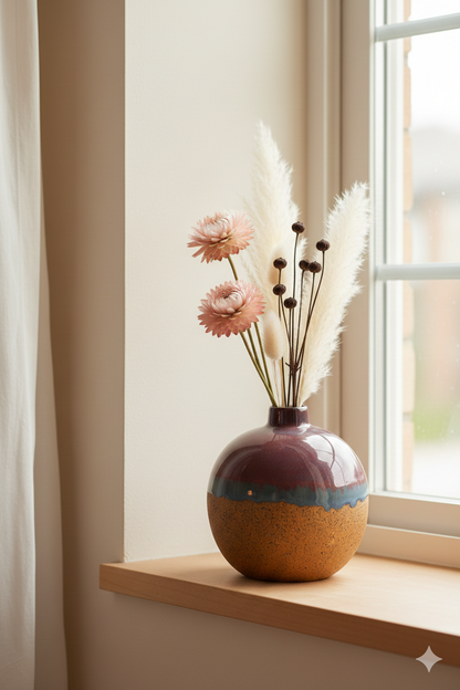Decorative vase with flowers on a windowsill