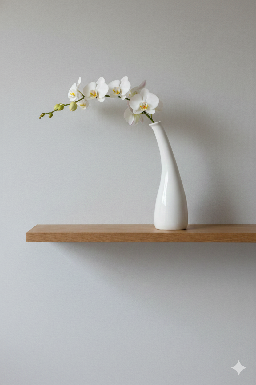 White vase with flowers on a wooden shelf against a gray wall